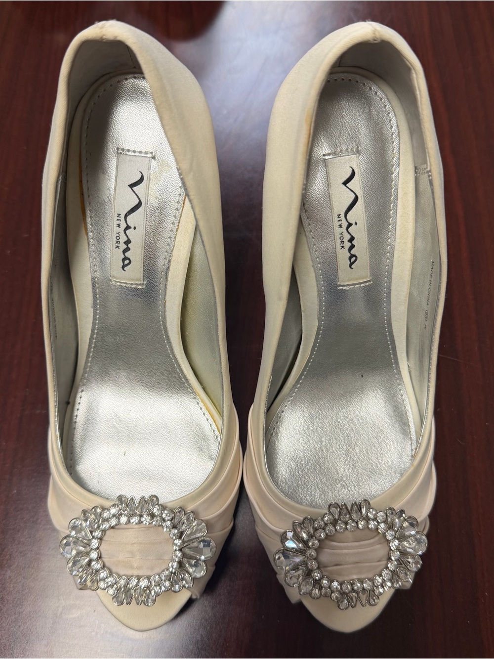 Nina Cream Satin Crystal-Embellished Pumps